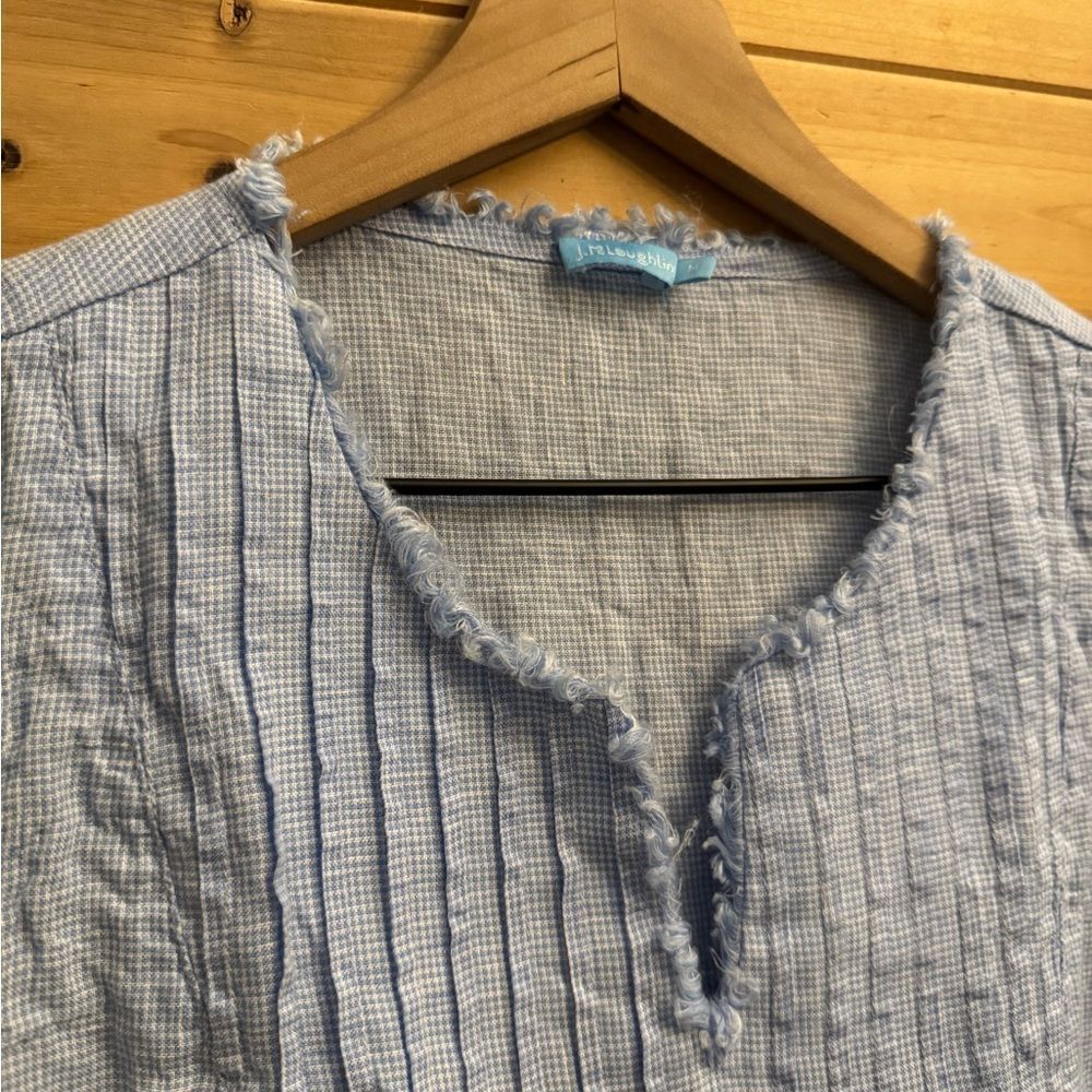 J McLaughlin Size Medium Maryann Linen Pintuck Blue Gingham Sleeveless Dress - Picture 7 of 13